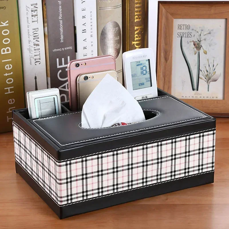 Leather Tissue Box Cover Desk Makeup Cosmetic Organizer Remote Controller Phone Holder Home Office Tissue Paper Napkin Holde