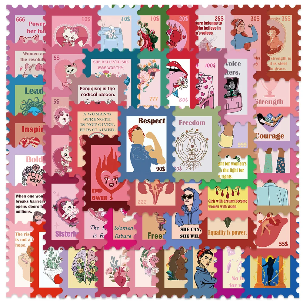 50 PCS Pink Inspirational Feminism Stamp Girl Power Rights Stickers  Scrapbook Journal DIY Crafts Decoration For Adults Women