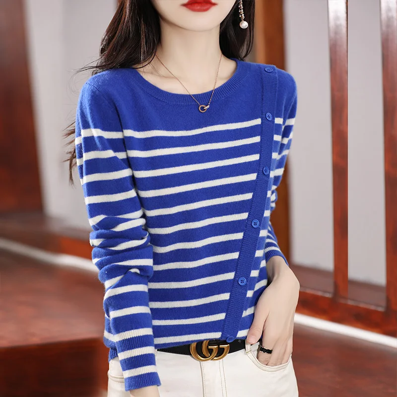 

Spring and Autumn New Women's Cashmere pullover Long Sleeve Round Neck Striped Sweater Basic High Quality Soft Loose Top