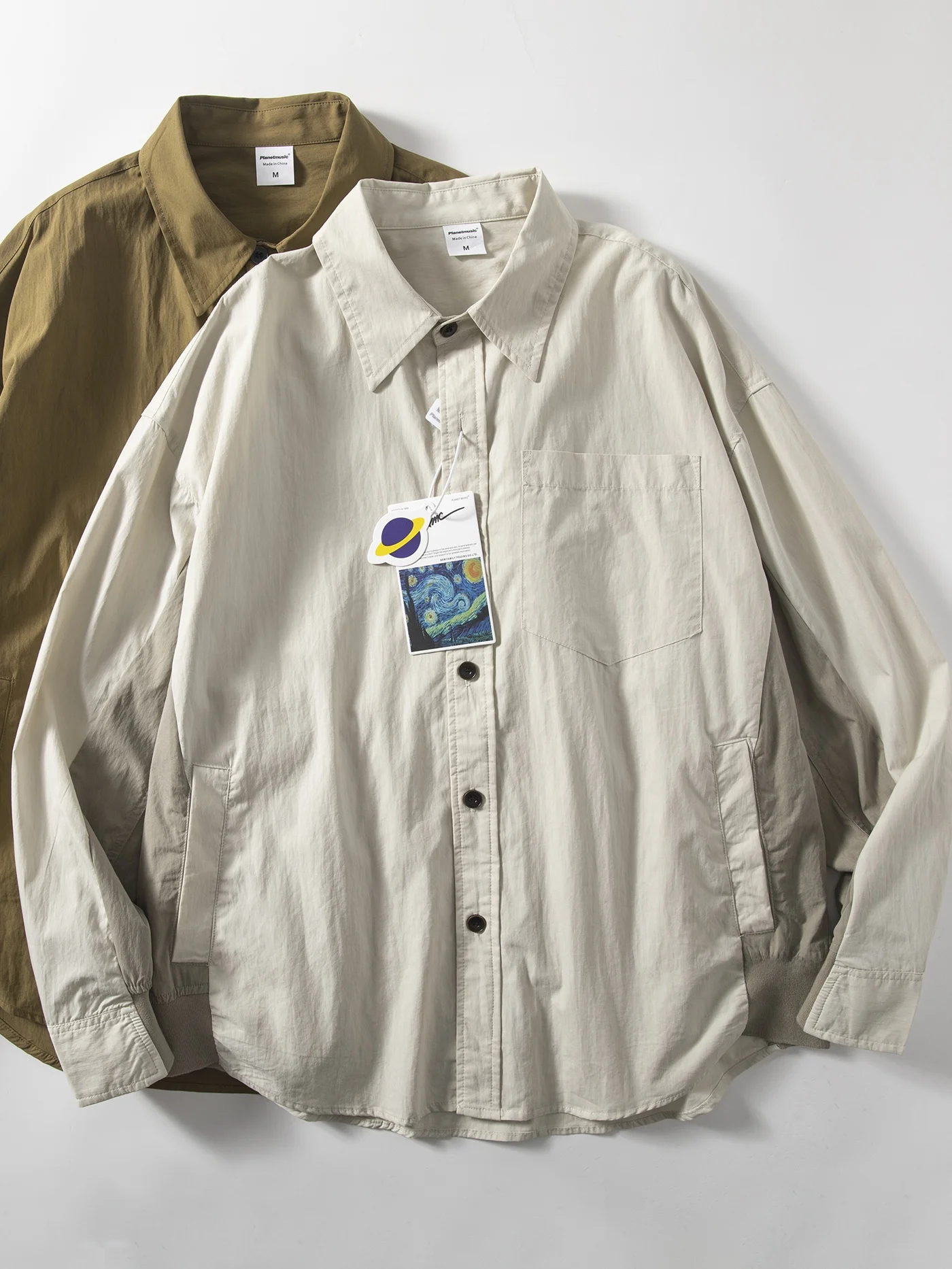 

Spring Casual Loose Long Sve irt Men's Vintage Japanese Sle Workwear Turn-down Collar Color Coat Youth Faion