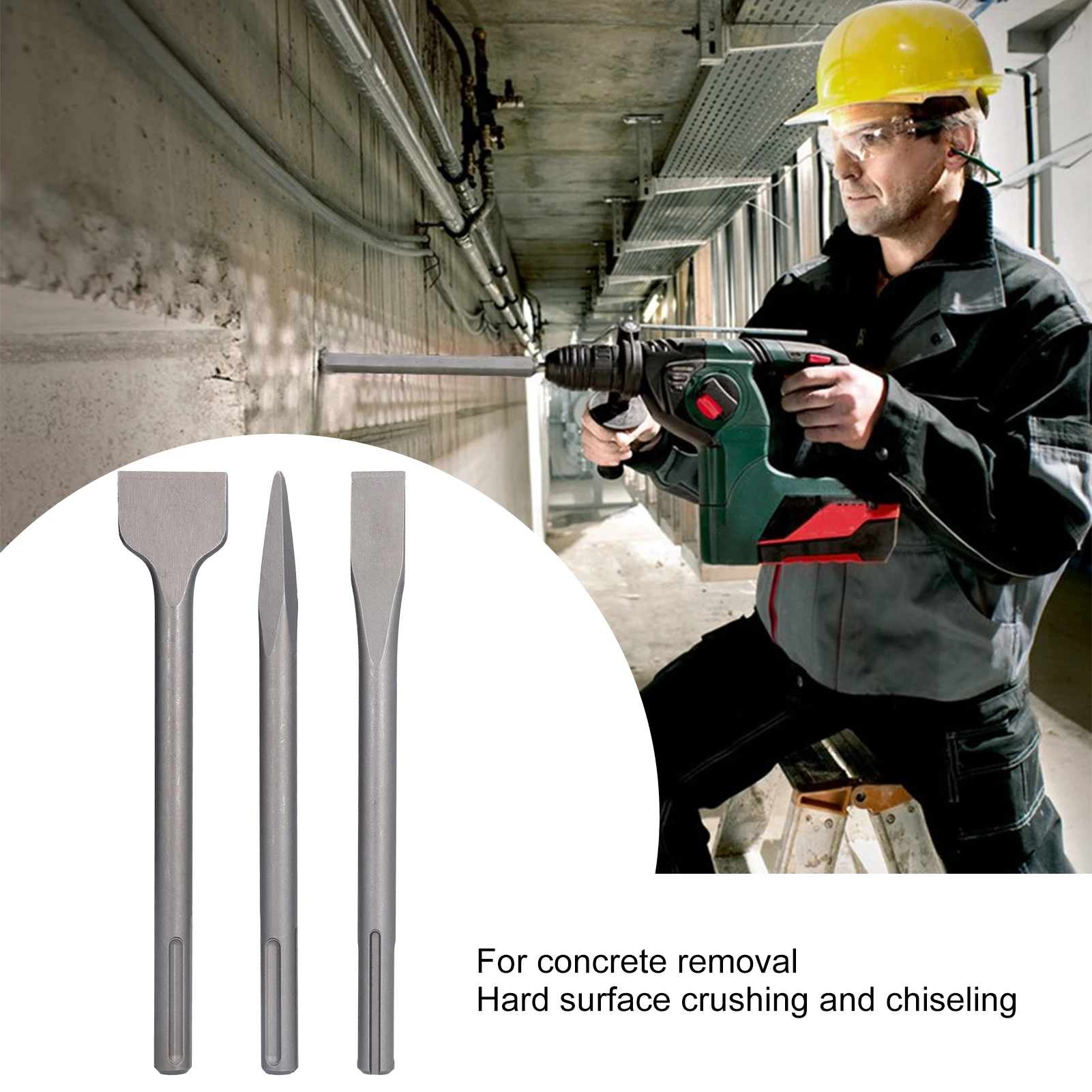 3Pcs Chisel Kit Chisel Carbon Steel Scaling Flat Point Rotating Hammer Drill Bits for Tile Concrete Work Hammer Drill Chisel Set