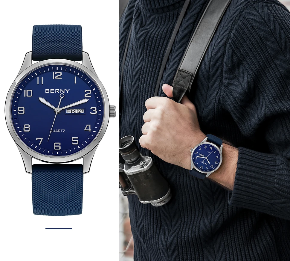 BERNY Uhren für Herren, Quarz, lässig, Sport, Herrenuhren, weiches Silikonarmband, großes Zifferblatt, Kalenderwoche, leicht ablesbare Armbanduhr – Detail 11