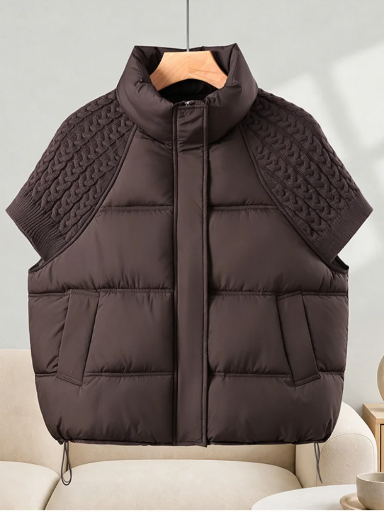 Damen Gestrickte Patchwork-Weste mit Stehkragen, Ärmellos, Reißverschluss, Kurz Geschnitten, Locker Sitzend, für Layering, Oberbekleidung 2026, Warme Winterjacke für Damen – Detail 7