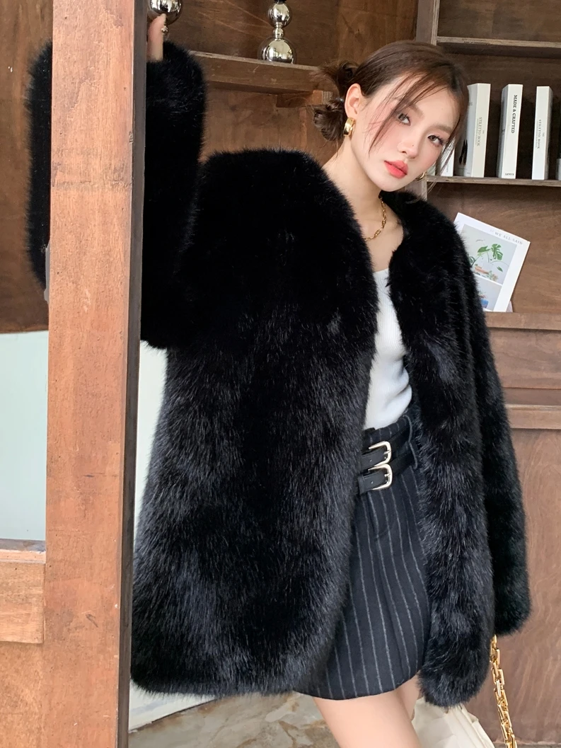 Female High Quality Faux Fox Fur Coat Black Jacket Lady Outerwear Women's Coats Promotion
