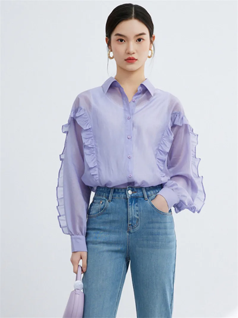 Nueva Camisa de Rayón con Diseño Primaveral, Cuello Camisero, Manga Mariposa, Transpirable, Protección Solar, Holgada, a la Moda, Casual