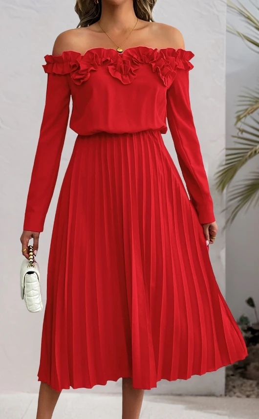 

Elegant and Sweet Style Single Shoulder Long Sleeve Solid Color Date Party Dress Summer Women's One Neck A-Line Dress