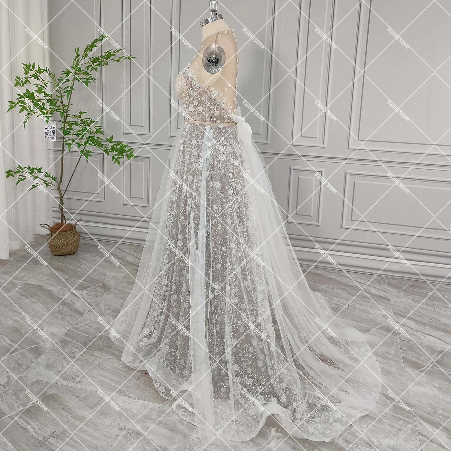 Vestidos de novia transparentes con espalda descubierta y flores brillantes, escote en V, transparente, personalizado, línea A, bonito vestido de novia bohemio con lazo