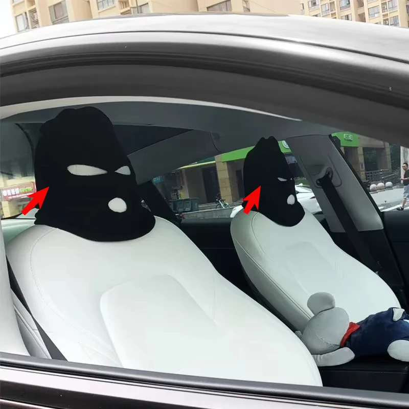 Funny Spoof Car Seat Headgear Headrest Cover 3 Hole Knitted Face Mask  For Tesla Model 3/Y/X/S Car Creative Seat Decorations