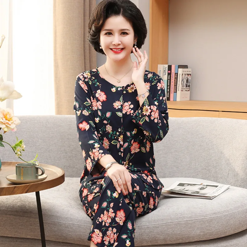 Middle-Aged Elderly Mother Home Clothes Cotton Rayon Pajamas Women's Spring Autumn Long-Sleeved Trousers Two-Piece Set XL-5XL