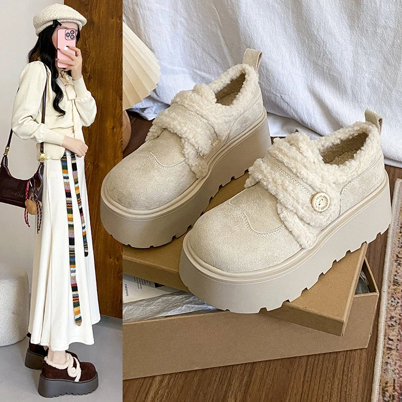 

2025 New Brand Comfort Women's High Heels Bow Cotton Shoes Suede Warm Platform Casual Sport Woman Warm Cotton Shoes