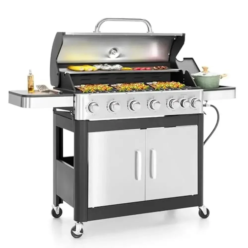 

6-Burner Gas BBQ Grill Porcelain-Cast Iron Grates 65,800 BTU Output Outdoor Barbecue Smoker Side Burner 665 SqIn Cooking Area