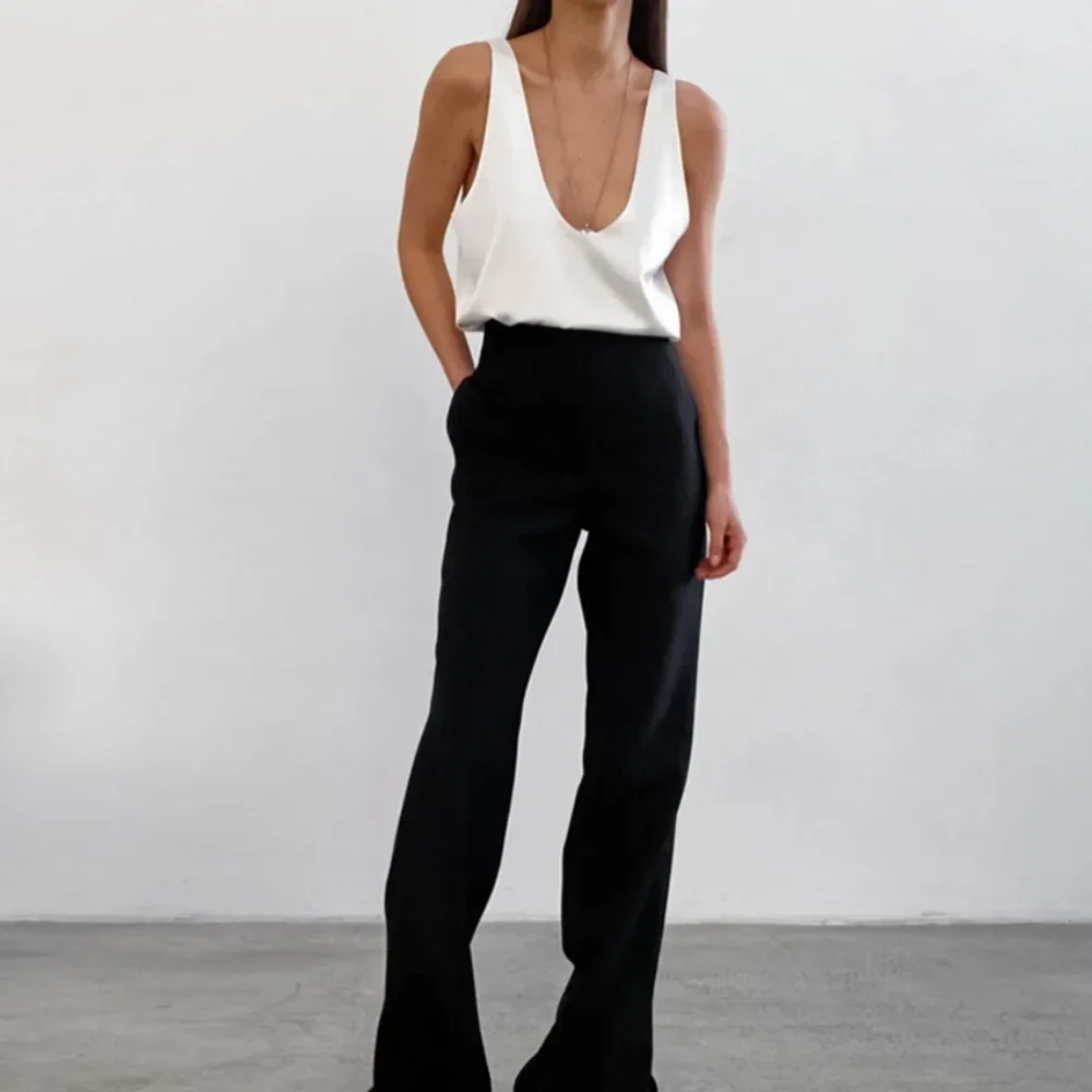 Summer and Autumn Pure Color Satin U-Neck Sleeveless T-Shirt European and American Versatile Street Vest for Women