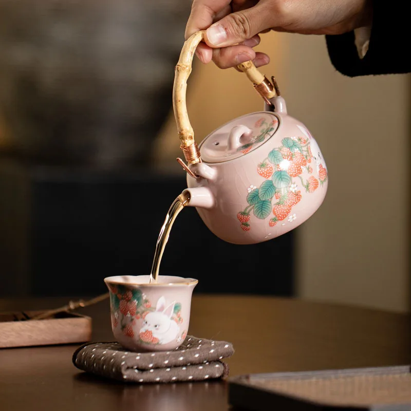 Ru Kiln Lifting Beam Pot Strawberry Rabbit Teapot Set Xishi Pot Household Ceramic Kung Fu Tea Set Open Piece Can Be Kept