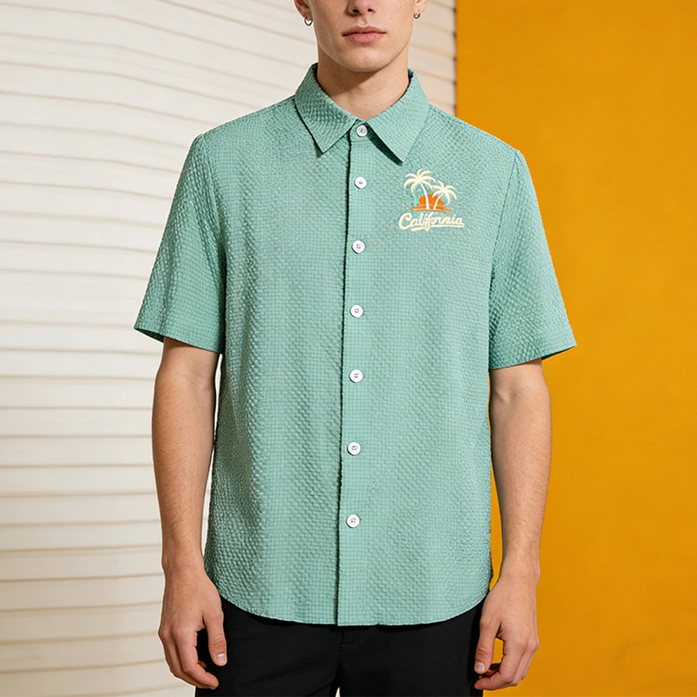 

Men's Bubble Grid Textured Short Tops Casual Beach Holiday Shirt Breathable Loose Button Down with Beach Palm Tree Graphic Print