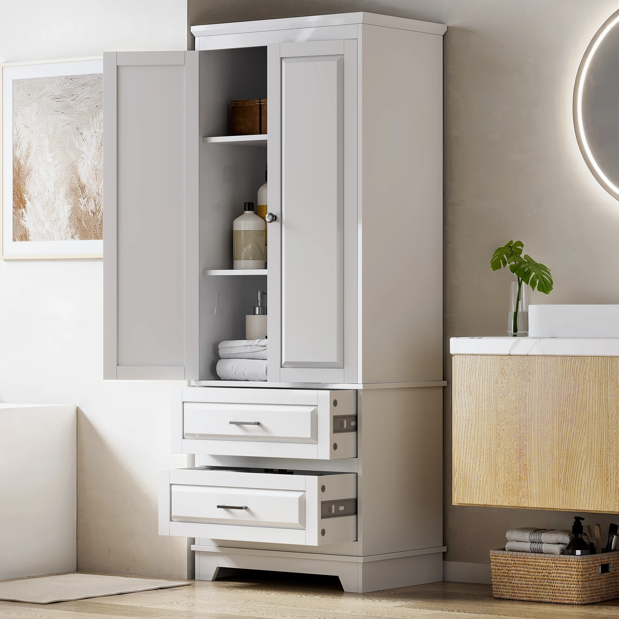 Rosahqnda Aufbewahrungsschrank 157×60×40 cm mit 2 Türen und 2 Schubladen, modernes weißes Sideboard-Buffetschrank für Wohnzimmer, Esszimmer, Büro, Flur, Weiß