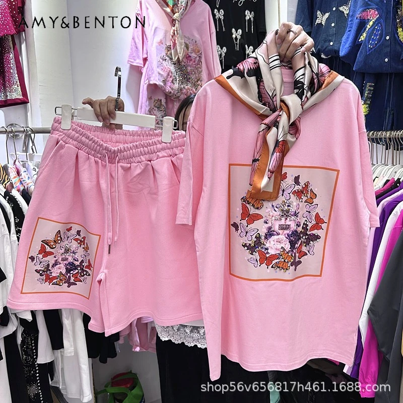 

Ins Casual Style Diamond Butterfly Collage Ribbon Loose Short-sleeved T-shirt Tops + Elastic Waist Wide-leg Shorts 2pcs Outfits