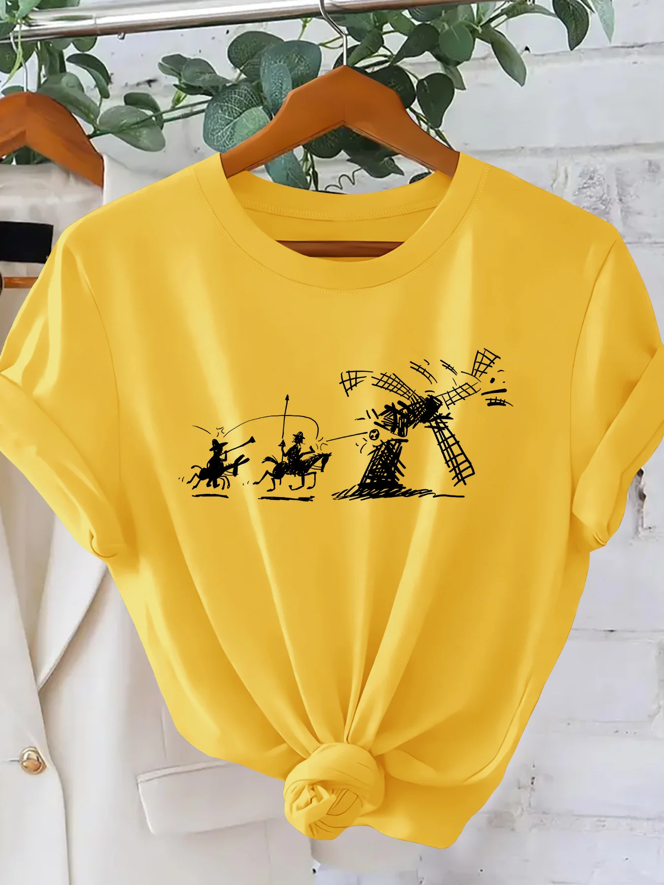 Women's Summer Top | Don Quixote Battle Windmill Fun Graffiti Printed Women's T-shirt  Elegant Party Women's Clothing