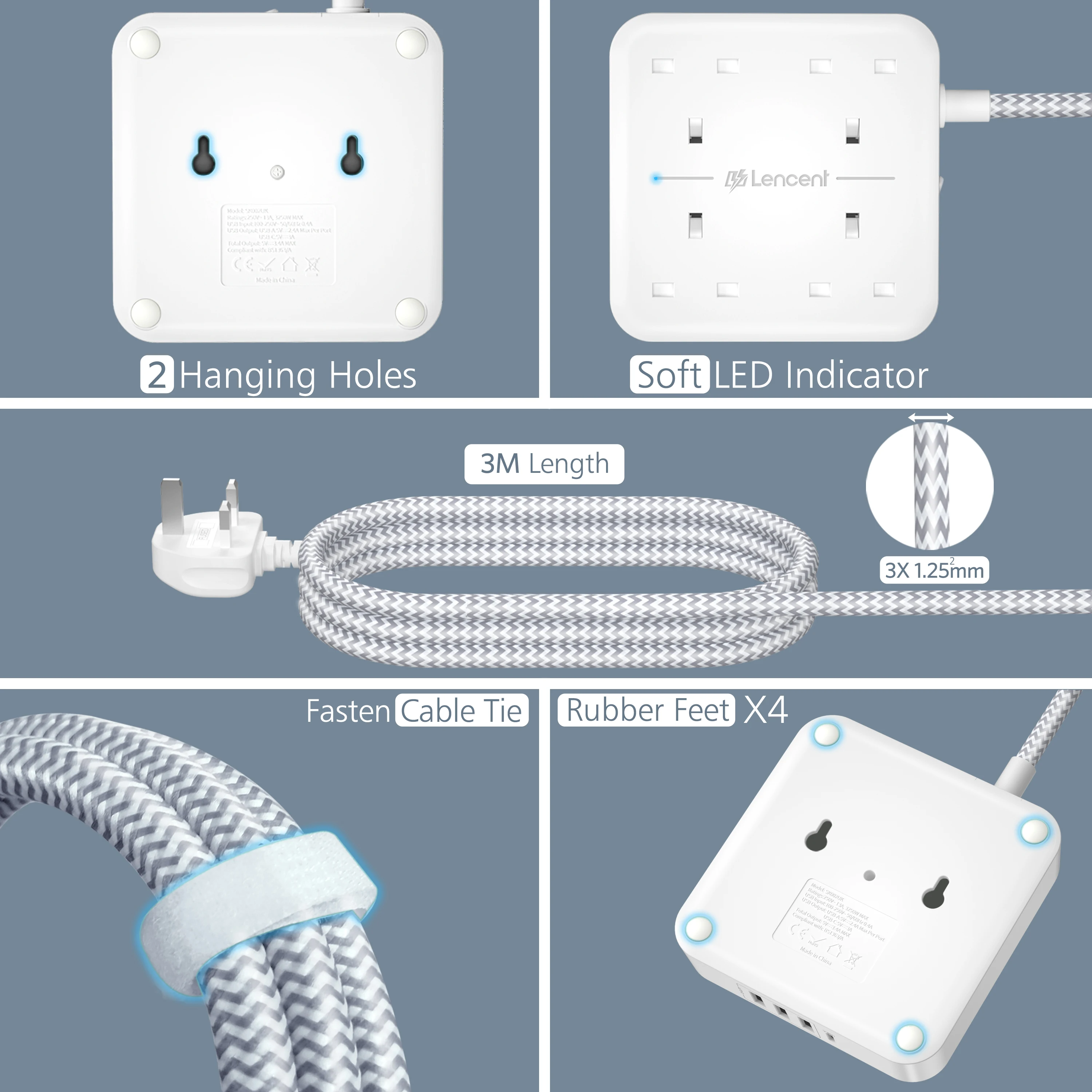 LENCENT UK Power Strip with 4 AC Outlets 3 USB 1Type C Multi Power Plug Extension with 3M Braided Extension Cord for Home Office