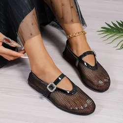 Women's Sandals Summer New Flat-bottomed Mesh Hollow Buckle Sandals Casual Lightweight Comfortable Breathable Sandals