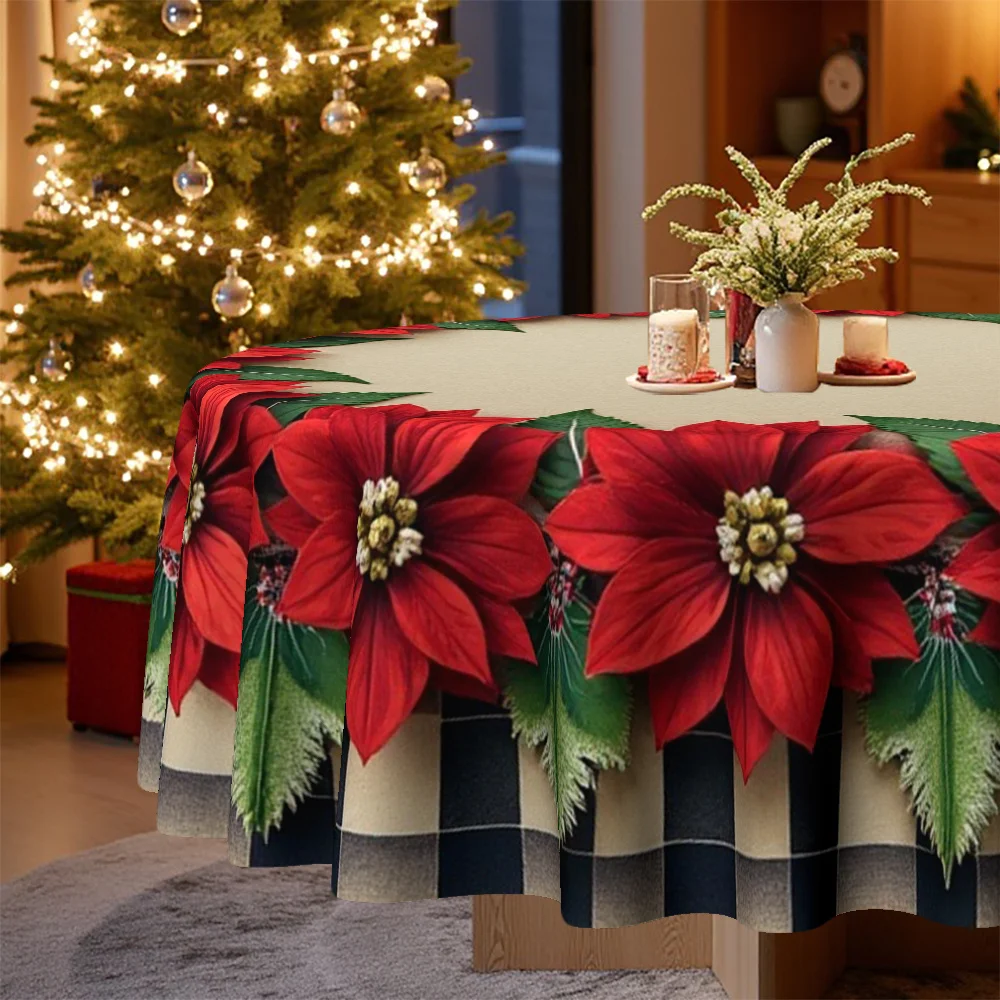 1 round tablecloth, for Christmas - elegant poinsettia wreath with buffalo check, round table cloth