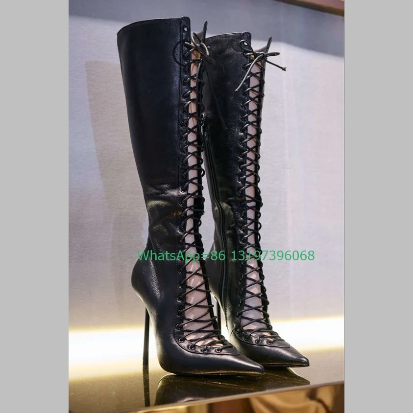 Lady Vintage Brown Lace-Up Knee Pu Boots Pointed Toe Cut-Out Causal New Arrive Boots Black Metallic Pu Party Sexy Boots Size 43