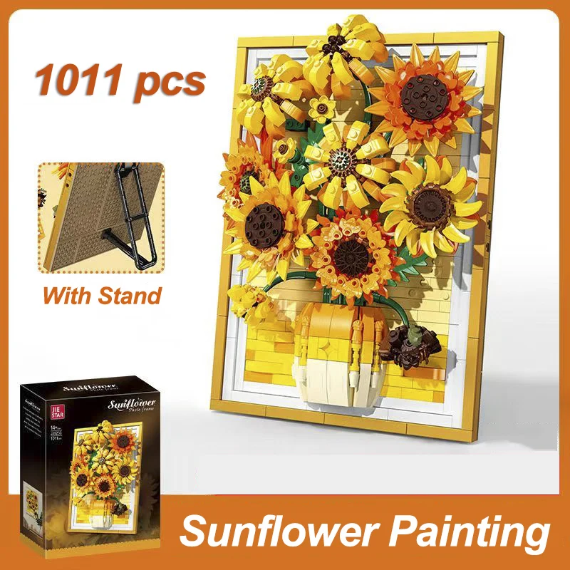 

Creative Van Gogh Sunflowers Bouquet Painting Building Blocks Flower Potted Plant Idea Decoration Assemble Bricks Toy Kid Girls