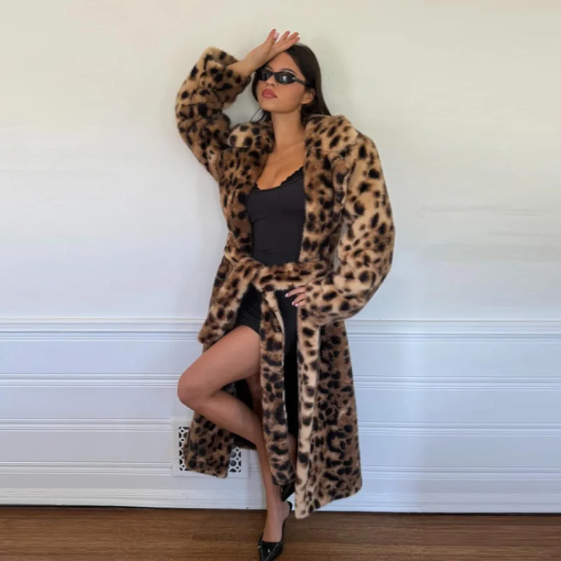 

Винтажное стильное пальто с леопардовым принтом, привлекательное пальто из искусственного меха с лацканами, свободное толстое теплое осеннее женское пальто, зимняя уличная женская верхняя одежда