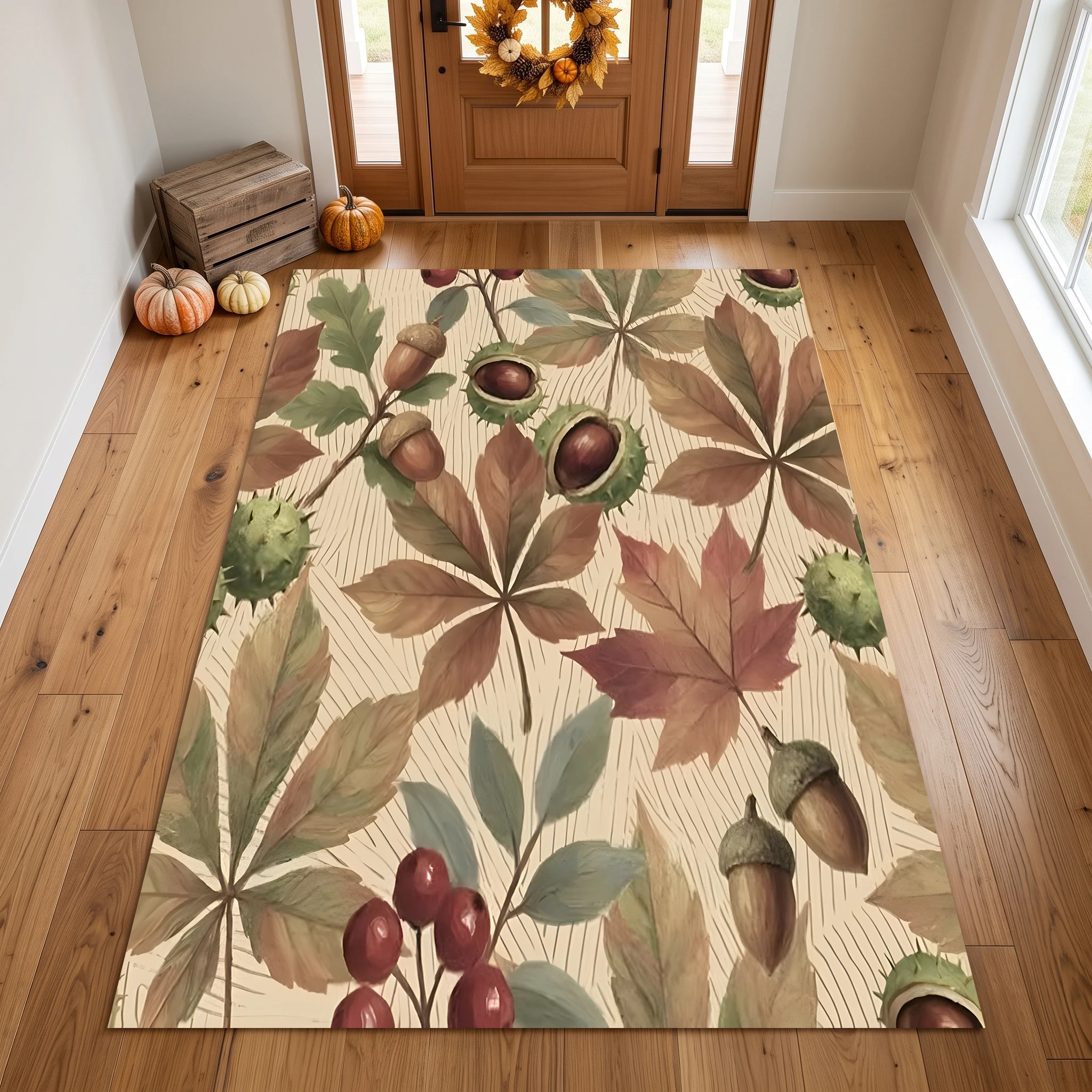 Autumn Leaves, Chestnuts, Acorns, and Berries Prints Create a Retro, Pastoral Style for the Living Room, Bedroom, and Entryway A Velvet Rug Adds Warmth and a Harvest Atmosphere, Perfect for Autumn and Winter.