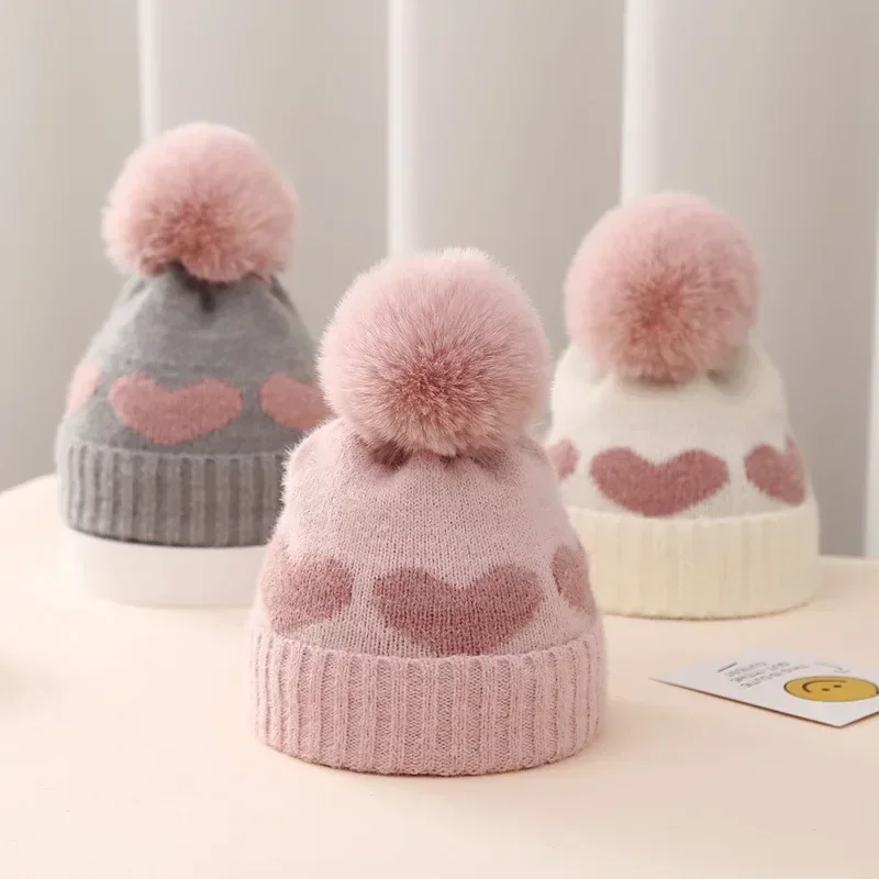 

2025 New 0 - 12M Baby Girls Autumn Winter Hat - Acrylic Bilayer Warm Knitted Cute Heart Newborn Beanie