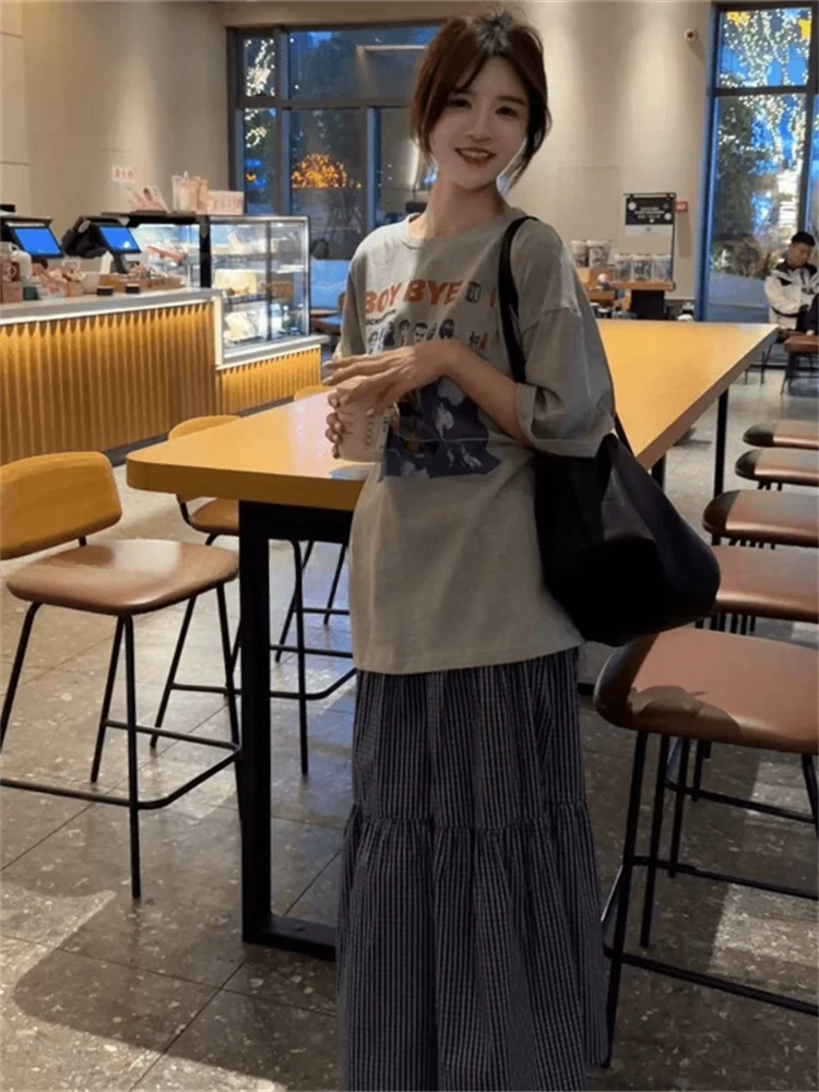 Conjunto de Saia e Camiseta Estampada Estilo Coreano para Mulheres, Moda Primavera, Calças de Cintura Alta, Estilo Retro, Roupas Casuais para Trabalho