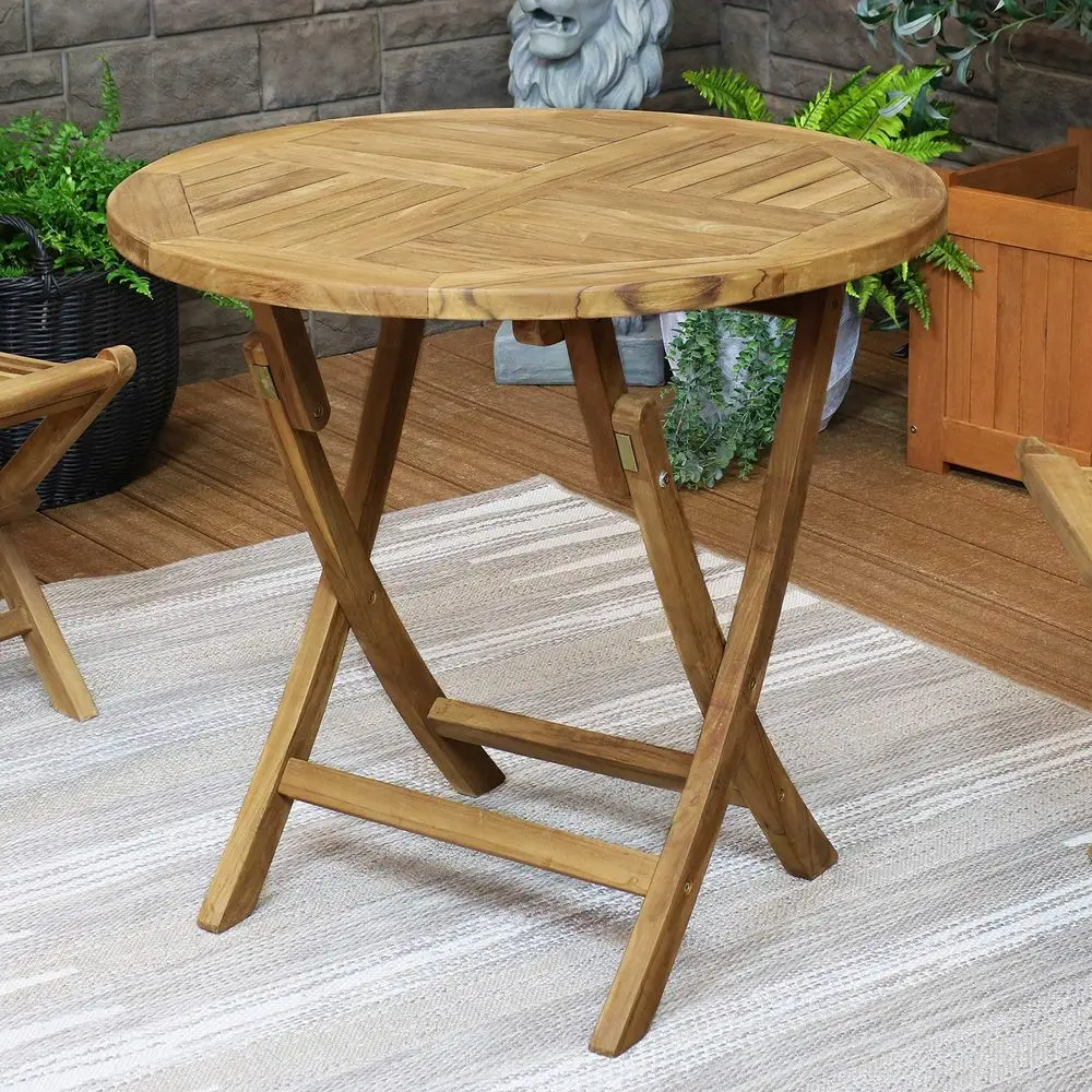 

Round Folding Solid Teak Outdoor Dining Table Light Wood Stain Finish 31 Inches