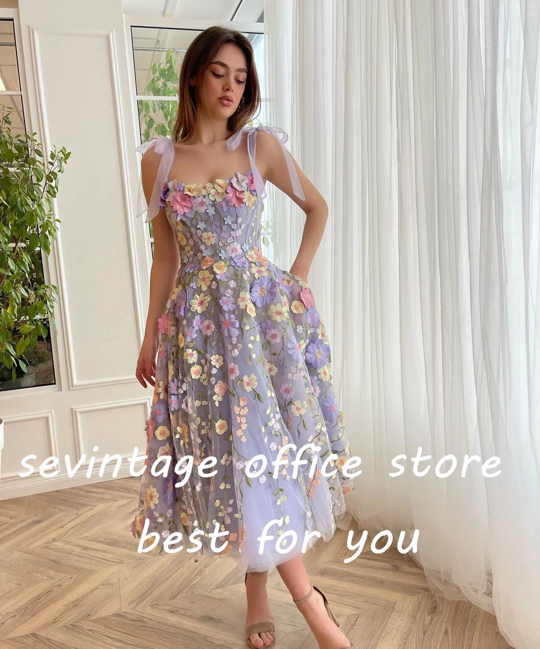 Sevintage Lavender 3D Flowers Floral Tulle Prom Dresses Strapless Bow Straps Tea-Length A-Line Evening Gowns Formal Party Dress