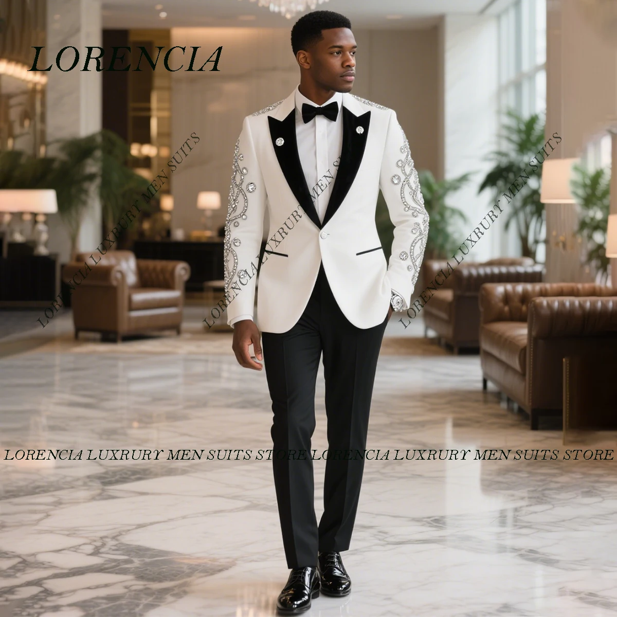 

Customized High End Metal Embellished Crystal Men Suits Shawl Lapel Groom Tuxedos 2 Pieces Sets Party Prom Blazer Costume Homme