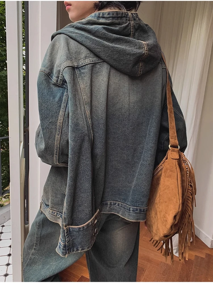 High Street Retro Zipper Denim Jacket for Men Fashion Korean Style Loose Hooded Jacket Coats+baggy Jeans Suit Y2k Streetwear Men