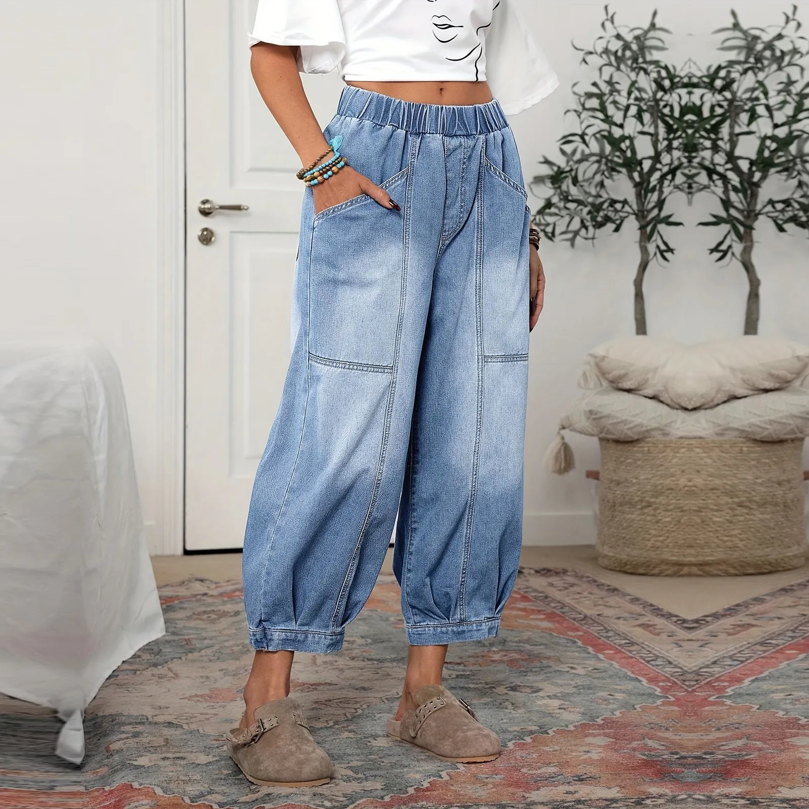 Dames hoog getailleerde denim met trekkoord Mode Comfortabele jeans met rechte pijpen Casual slanke denim broek Joggingbroek Jeans Koreaanse Y2k