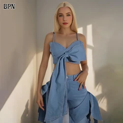 BPN Sexy Camisole Tops For Women Square Collar Sleeveless Soild Denim Streetwear Summer Short Vests Female Fashion Clothing New