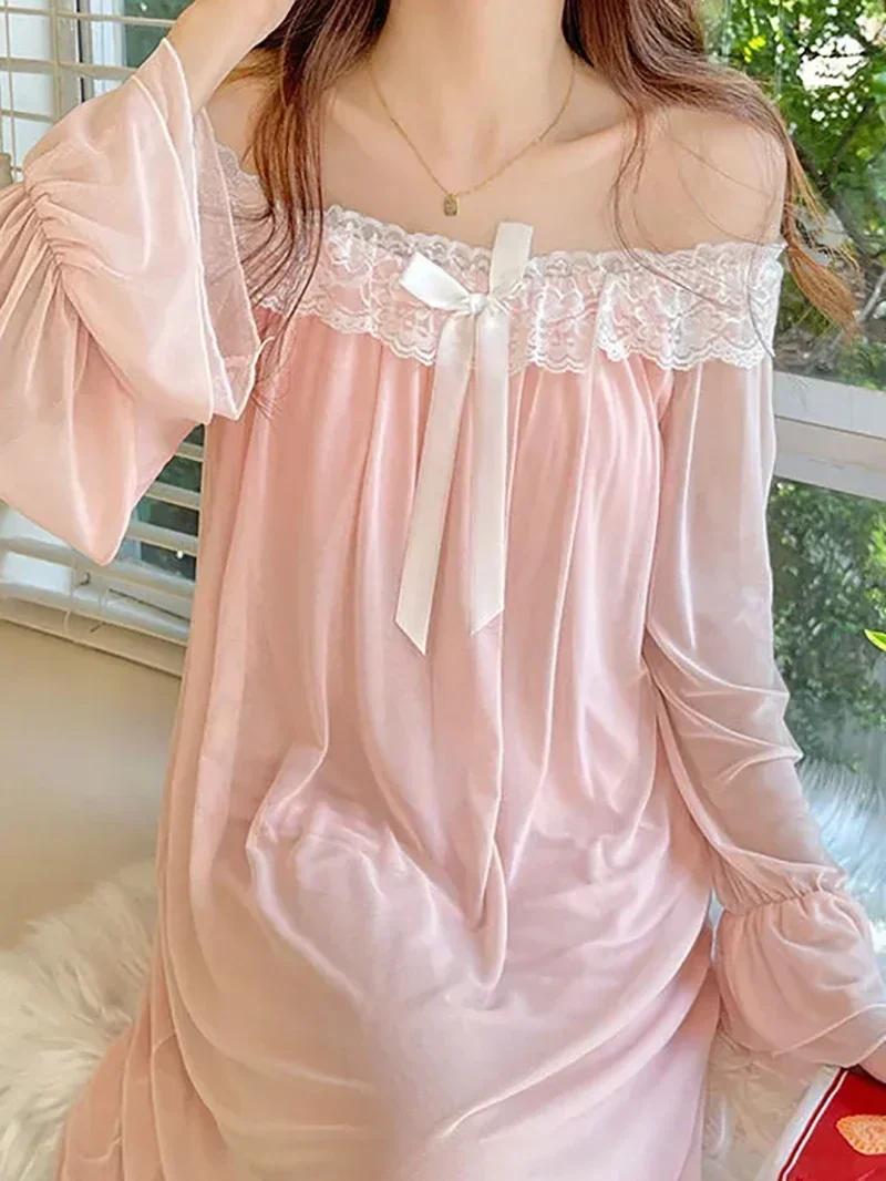 Women Female Fairy Ruffles Mesh Lolita Vintage Princess Nightdress Female Spring Pure Cotton Lace Victorian Nightgowns Sleepwear