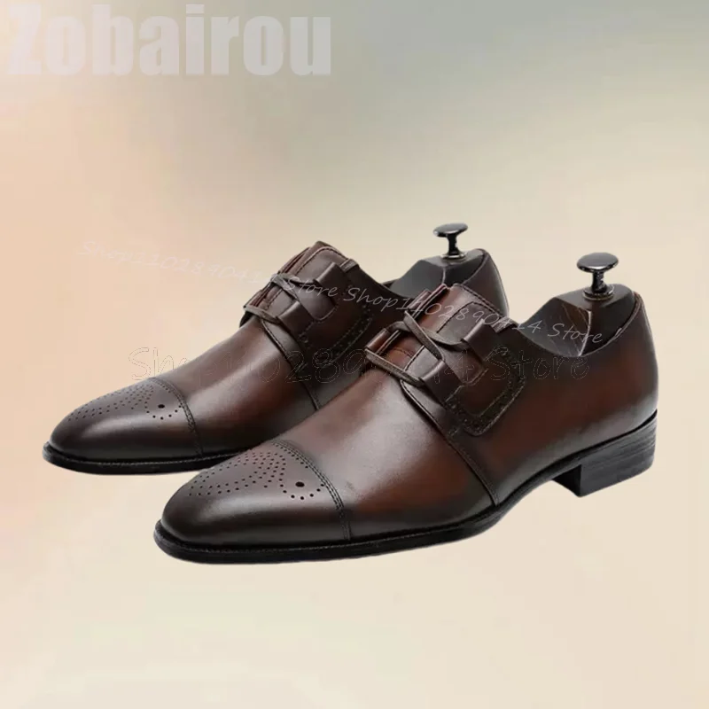 Brown Carving Design Square Toe Strappy Loafers Fashion Lace Up Men Shoes Luxury Handmade Party Banquet Office Men Dress Shoes