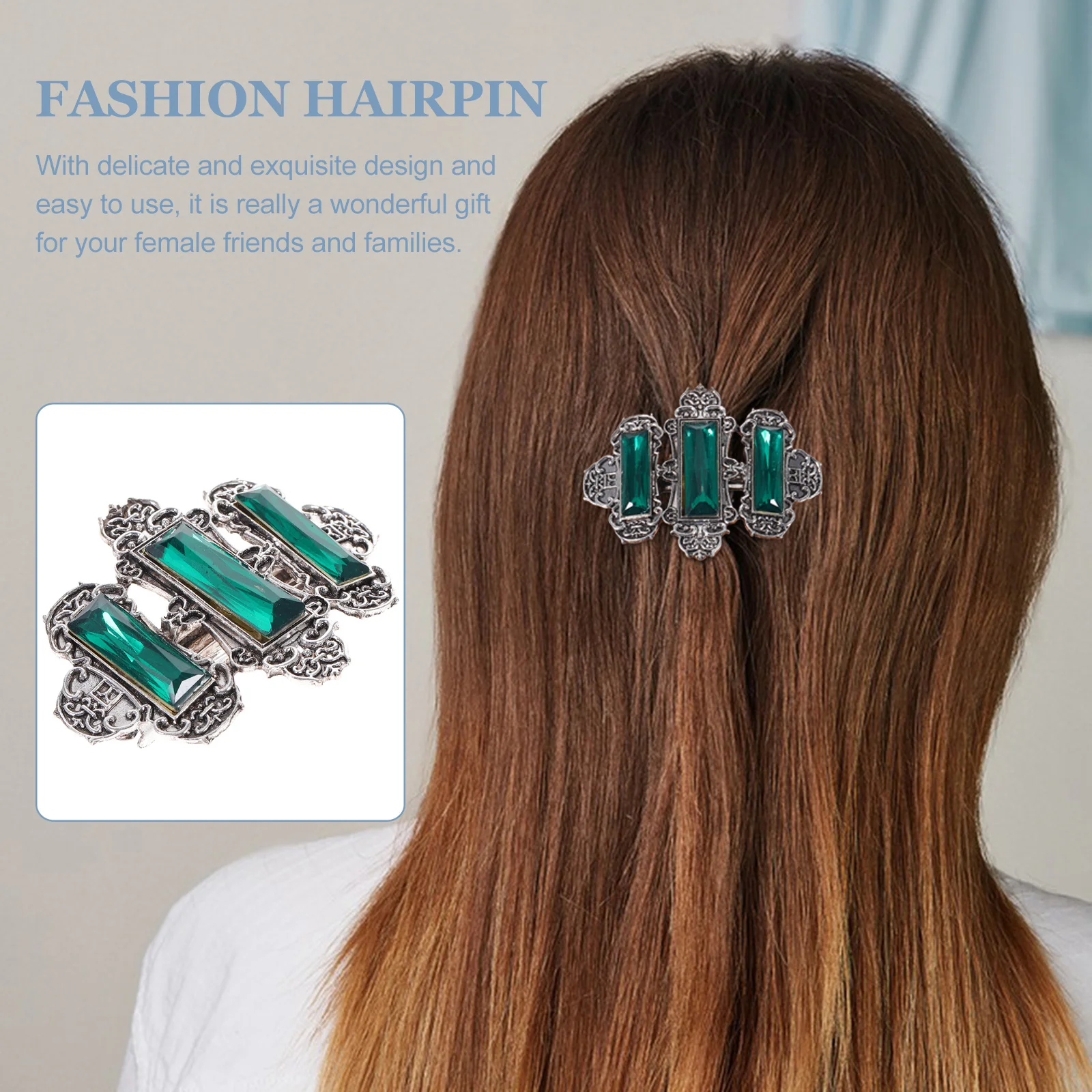 

Rhinestone Hair Clip Alloy Spring Buckle Ponytail Clips For Daily Party Use Silver Green Travel-Friendly Hair Styling Accessory