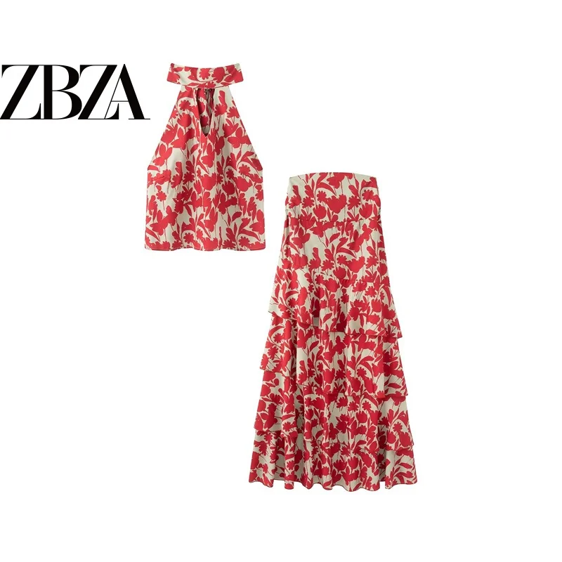 Vintage Style Women's Print Sleeveless Top And Cake Skirt Two-Piece Set Summer Fashion Ensemble No Brand Label