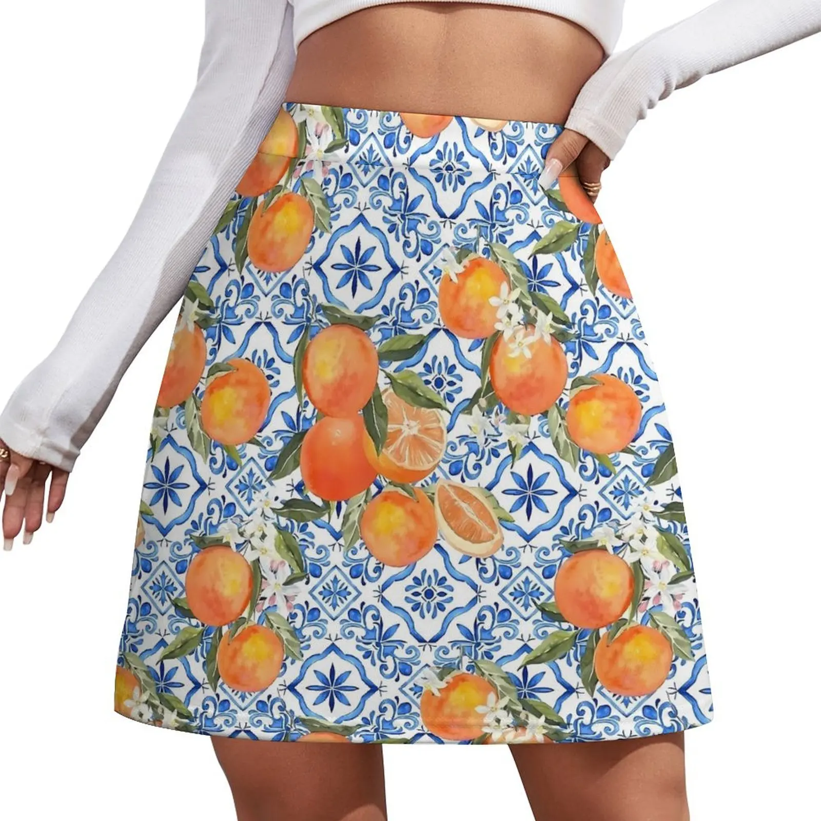 Fruit Print Skirt Summer Oranges on Blue and White Tiles Fashion Casual A-line Skirts Modern Mini Skirt Ladies Design Bottoms