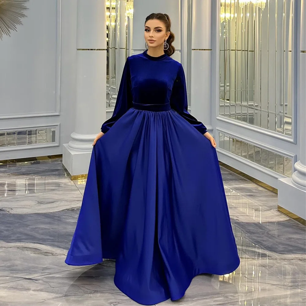 Velour Patchwork Long Sleeve Prom Gown A-line High Solid Color Pleat Evening Dresses Vintage Party Dress فساتين سهرة فخمه