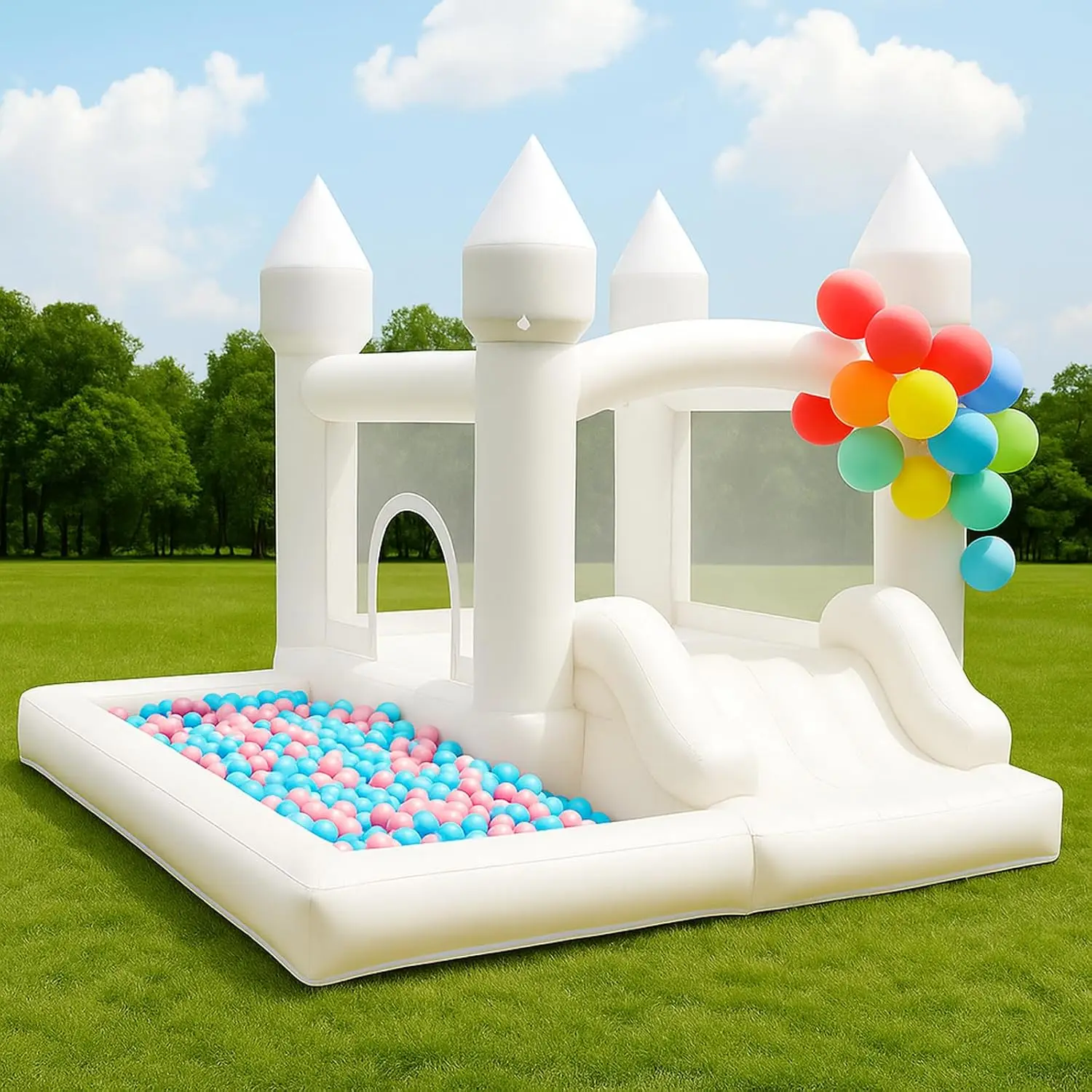 

Inflatable Castle with Slide and Ball Pit, 9x9x7FT White Bounce House with Air Blower, Indoor Outdoor Jumping House for Kids, Wedding Party Decoration
