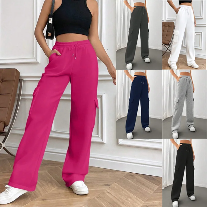 Autumn Winter Women's Solid Warm Sweatpants New Style Fashionable Side Pocket Versatile Sports Straight Wide Leg Sweatpants 2025