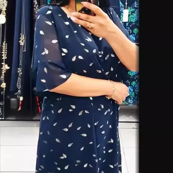 Europe And The United States Women's Elegant Temperament Large Size Chiffon Print Short-sleeved Crew-neck Patchwork Dress