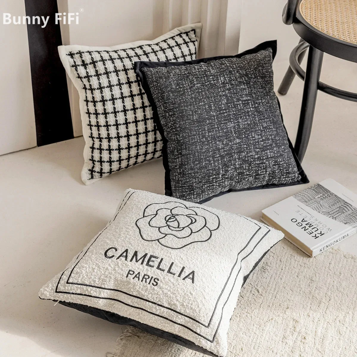 Funda de cojín de lujo con luz blanca y negra, fundas de almohada bordadas de Jacquard Camelia, fundas de almohada decorativas nórdicas para sala de estar, 2024