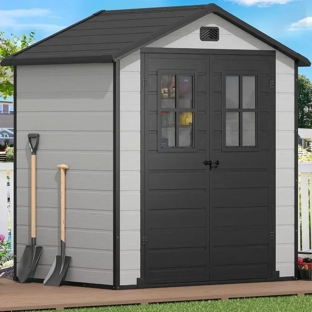 6x4.4ft Outdoor Plastic Storage Shed with 2 Windows, Suitable for Garden Tools, Lawn Mowers, and Patio Use, Lockable, Grey & Bla