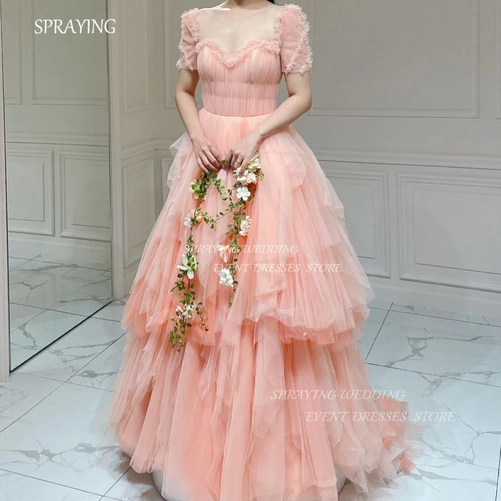 

SPRAYING Korea Wedding Party Dresses Custom Made 2024 Pleat Short Sleeves Photo Shooting Bridal Gown Tiered Tulle 피로연드레스