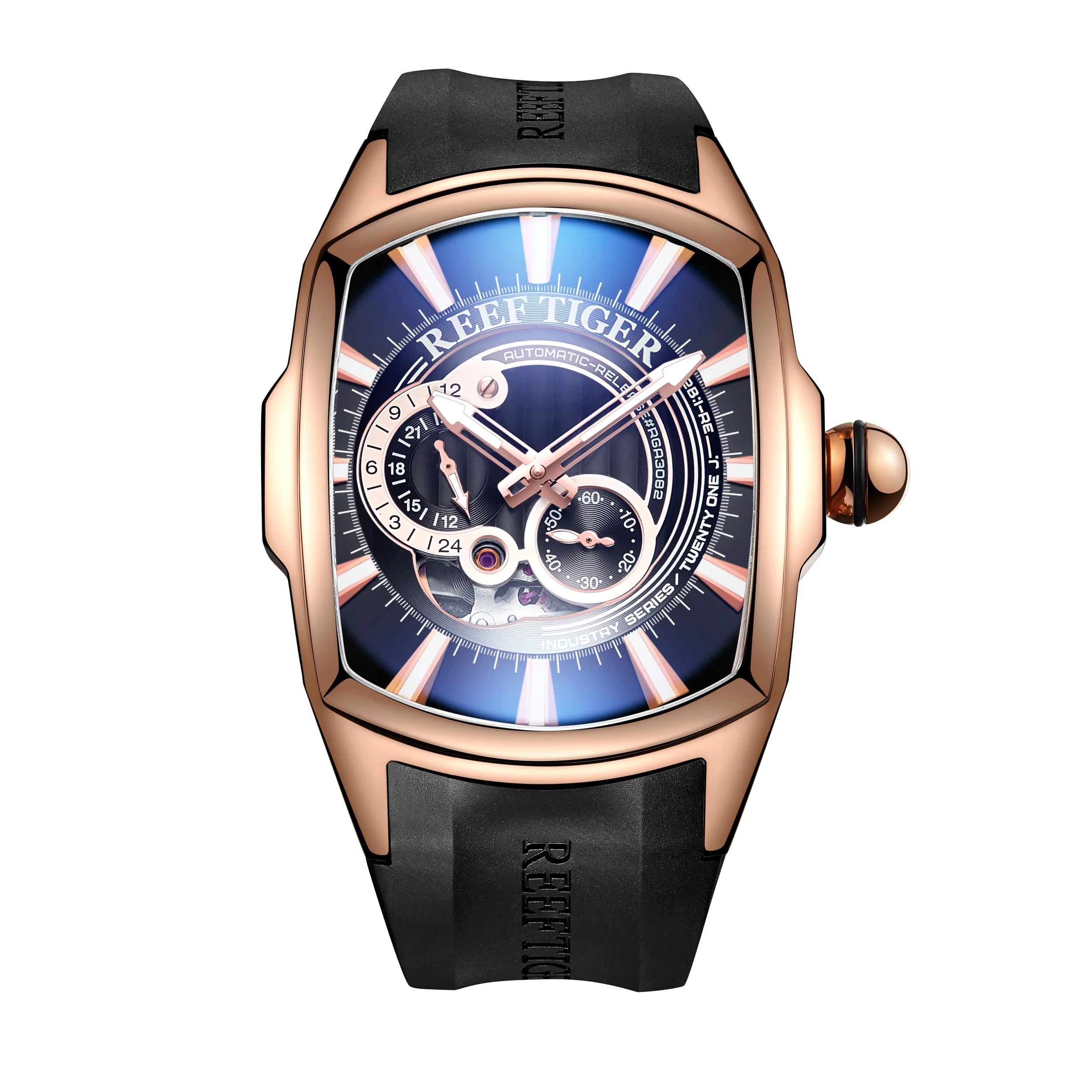 Reef Tiger Men Automatic Watch Tonneau Mechanical Wristwatch Skeleton Dial Luminous Bubble Mirror Small Second Dial 24 Hours