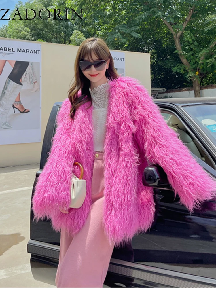 ZADORIN Winter Oversized Long Faux Sheep Fur Coat Women V Neck Fluffy Pink Faux Fur Jacket Office Streetwear Fur Coats 2024 Tops